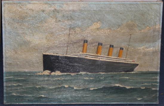 T.H. John RMS Titanic before and after striking the iceberg, 16 x 24in., unframed